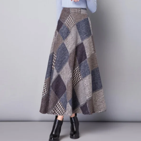 Осень Зима Длинные Юбки Женская Макси юбка высокая талия теплая шерсть