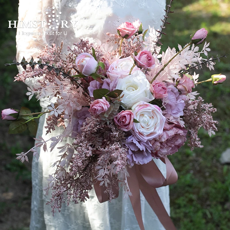 

HIMSTORY розовый свадебный цветок ручной Букет Роза на ощупь большой Ramos De Bride Искусственные Свадебные букеты