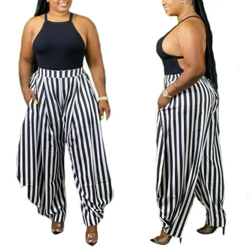 

Women Striped High Waist Trousers Casual Wide Leg Pants Baggy Irregular Bottoms
