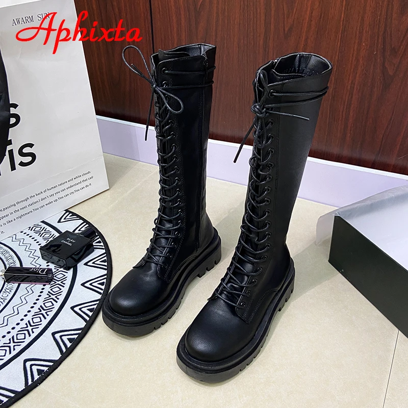 Aphixta New Winter Goth Shoes Women's Long High Boots Leather Cross-Tie Lace-up Shoes Female Fashion Platform Botas Mujer