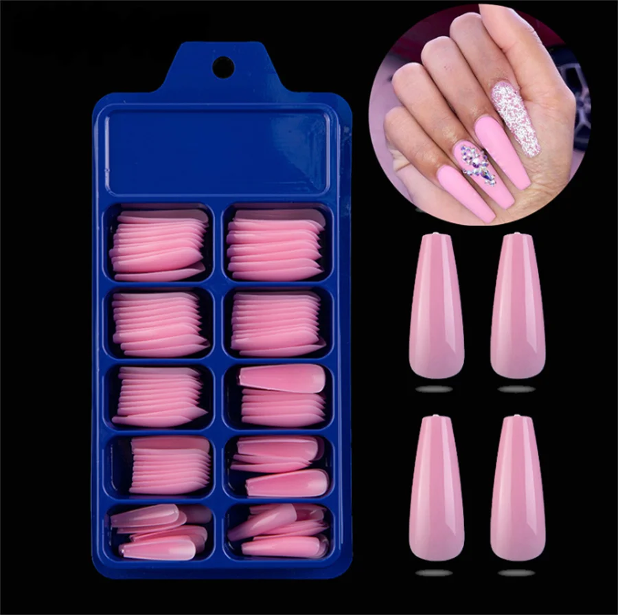 

100 Pieces of Blister Box With Solid Color Pointed False Nail Stickers Long Ballerina Candy Color Red Blue Pink Yellow False Nai