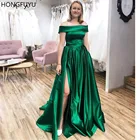 HONGFUYU Длинные платья выпускного вечера атласные А-силуэта длиной до пола, Формальные платья с карманами, разрезом, открытыми плечами, вечернее платье