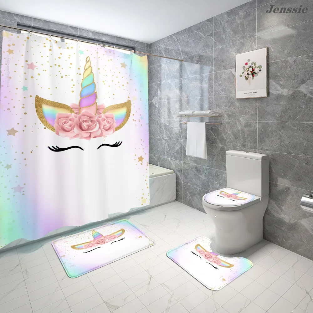 

Rainbow Florals Unicorn Shower Curtain Anti Slip Bath Carpet Toilet Lid Cover Cartoon Cute Expression Unicorn Print Bath Curtain