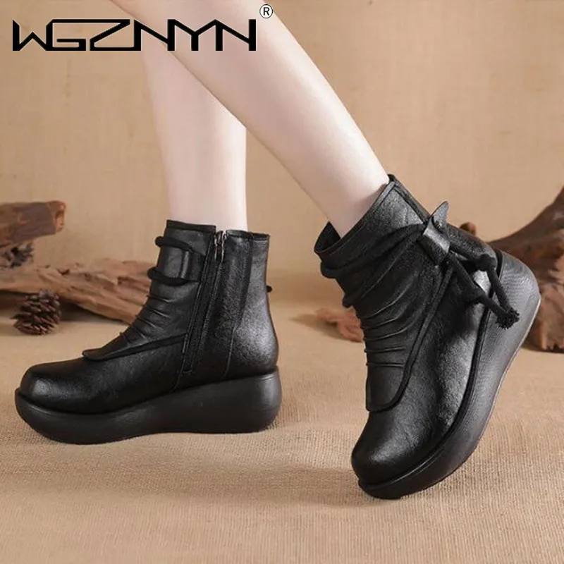 

Женские брендовые ботинки в стиле ретро, короткие ботинки из натуральной искусственной кожи на платформе, ботильоны на танкетке, женские бо...