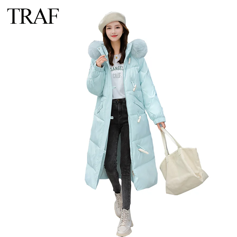 

TRAF New Women Winter long Parkas Jacket Casual Horn Button Fur Collar Hooded Thicken Warm Parkas Coat Female Outwear Jacket