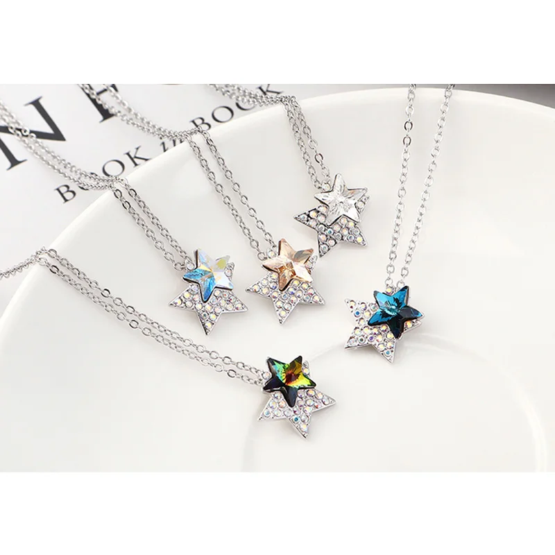 Новый Цвет Фул ожерелье со звездами кулон украшен стразами из Австрии серебряные