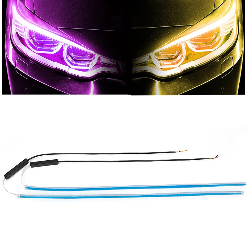 Pink to Yellow 1 шт. ультратонкие автомобильные DRL 30 45 60 см светодиодный дневные ходовые огни Светодиодный белый указатель поворота желтая направляющая лента для сборки фар - Цвет: Pink to Yellow