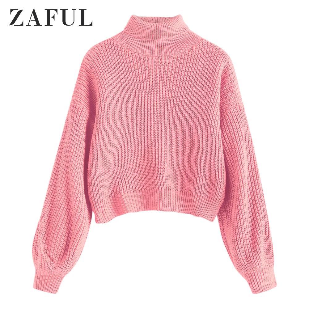 ZAFUL Women Autumn Turtleneck Lantern Sleeves Chunky Sweater Loose Cotton Solid Casual Ladies Tops Crop Basic Short Pullovers | Женская