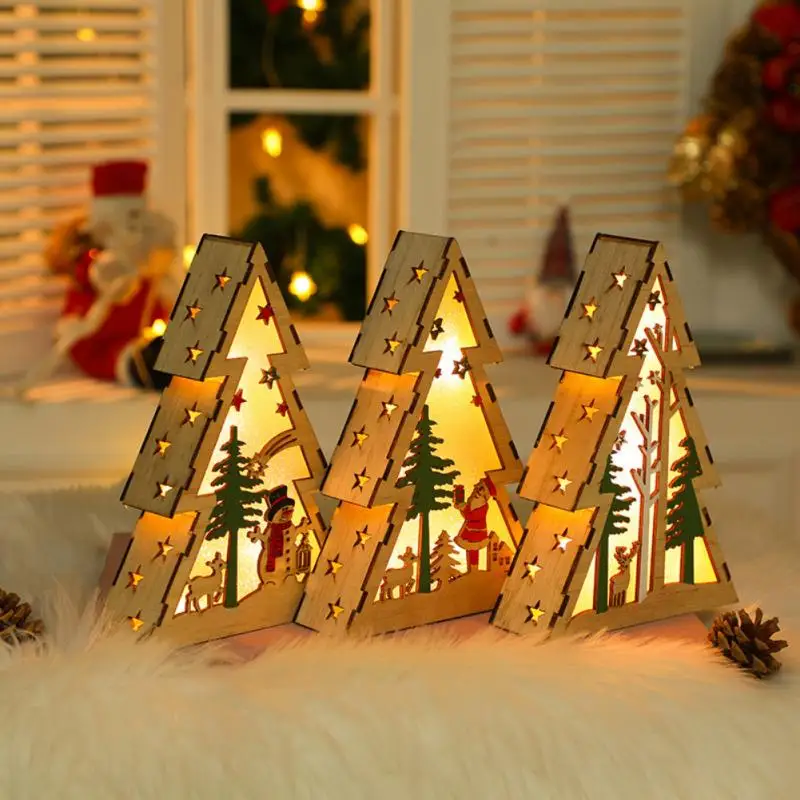 

Santa Claus Snowman Christmas Tree Shape Wooden Night Light Luminous Cabin Hollow Five-pointed Star Christmas Ornaments Decor