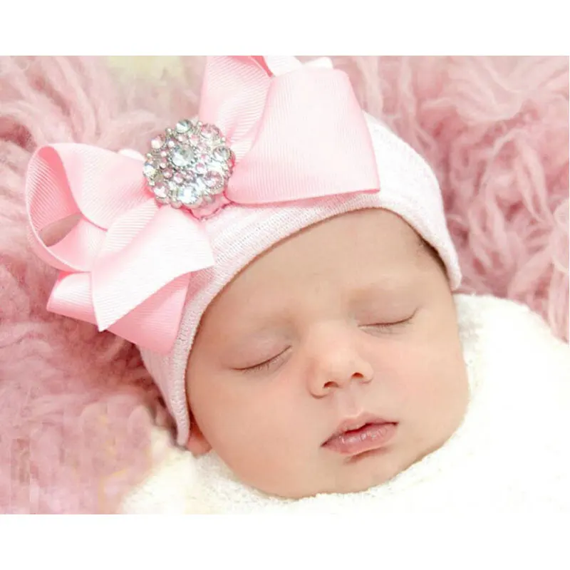 

Newest Cute Newborn Baby Girl Comfy Bowknot Hospital Cap Beanie Hat Knitted Striped Baby Girl Caps Beanie Toddler Hats