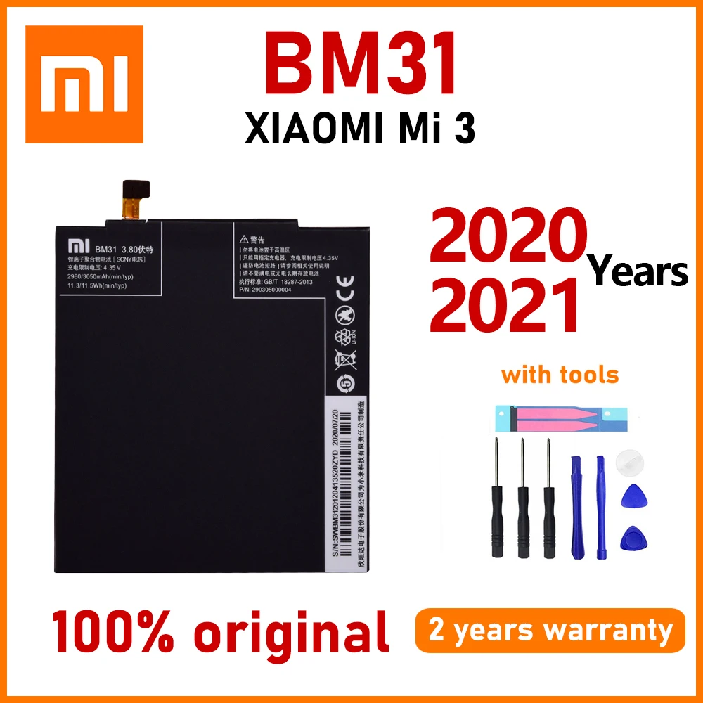 

Xiao Mi New 100% Original 3050mAh BM31 Phone Battery For Xiaomi Mi 3 M3 Mi3 Batteries Bateria With Gift Tools+Stickers