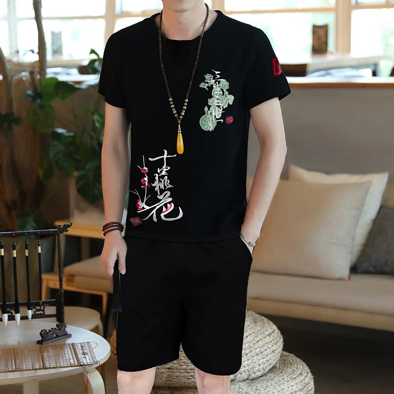 

Large size mens embroidered two-piece set (tshirt +shorts), summer men t shirt with short sleeves and Ankle-Length Pants 5xl
