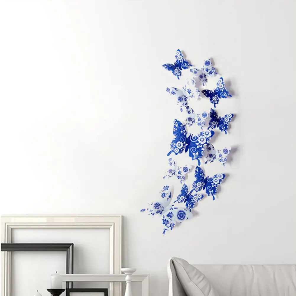 12 шт. синий и белый фарфор 3D бабочки настенные наклейки для спальни холодильник