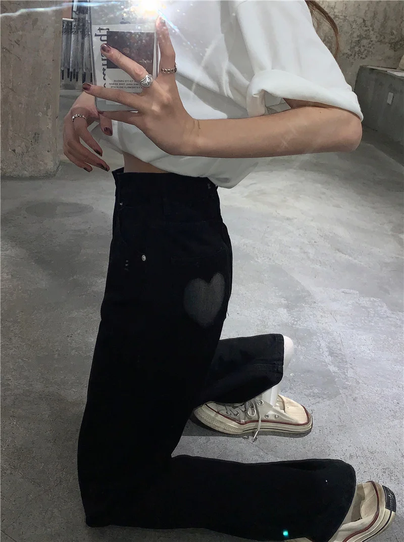 Черные прямые джинсы женские с высокой талией тонкие Универсальные джинсовые