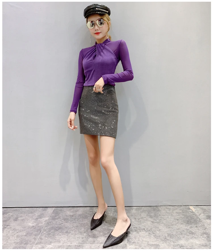 Chemisier Femme, новинка, сетчатая однотонная женская блузка с длинным рукавом, топы, повседневная приталенная рубашка с круглым вырезом, женская одежда, осень 7300 50