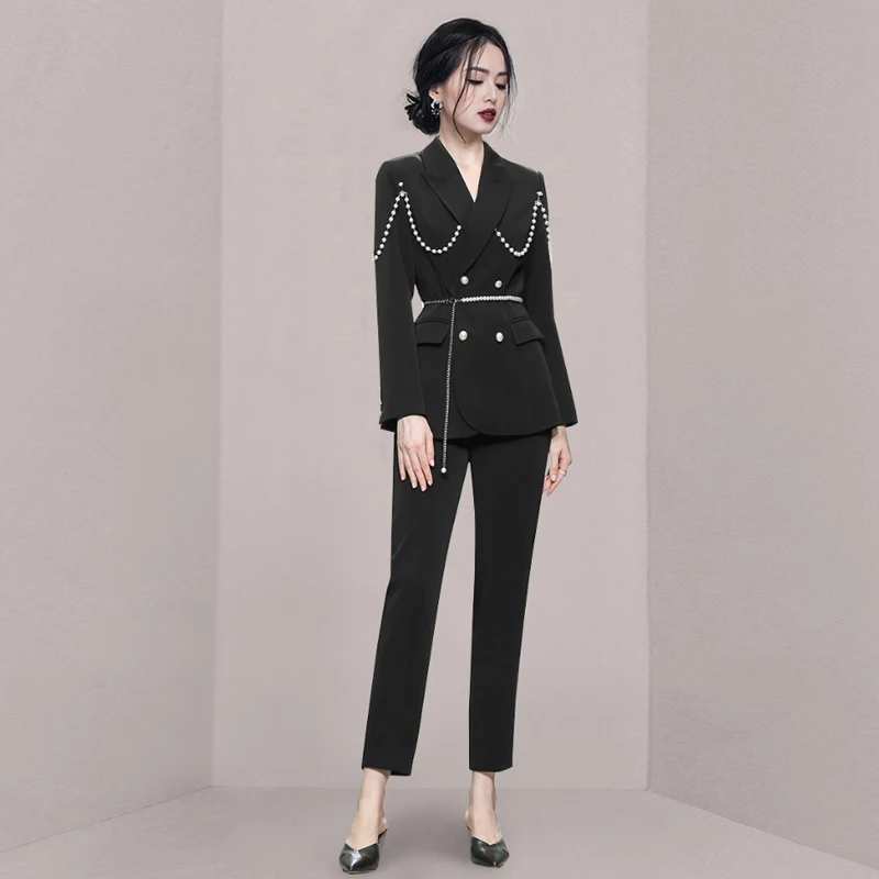 Women 2022 Spring Autumn New 2 Piece Sets Female Work Double Breasted Blazer Jackets Ladies High Waist OL Trousers Suits E994