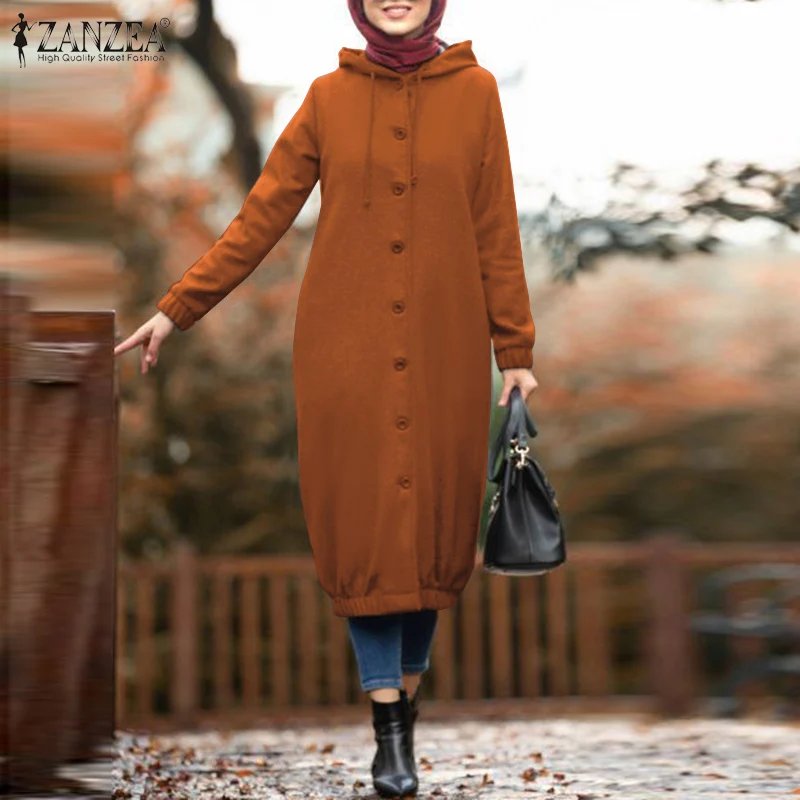 

Kaftan Women Autumn Hoodies ZANZEA Hooded Sweatshirt Dress Long Sleeve Vestidos Drawstring Pullovers Female Button Midi Robe