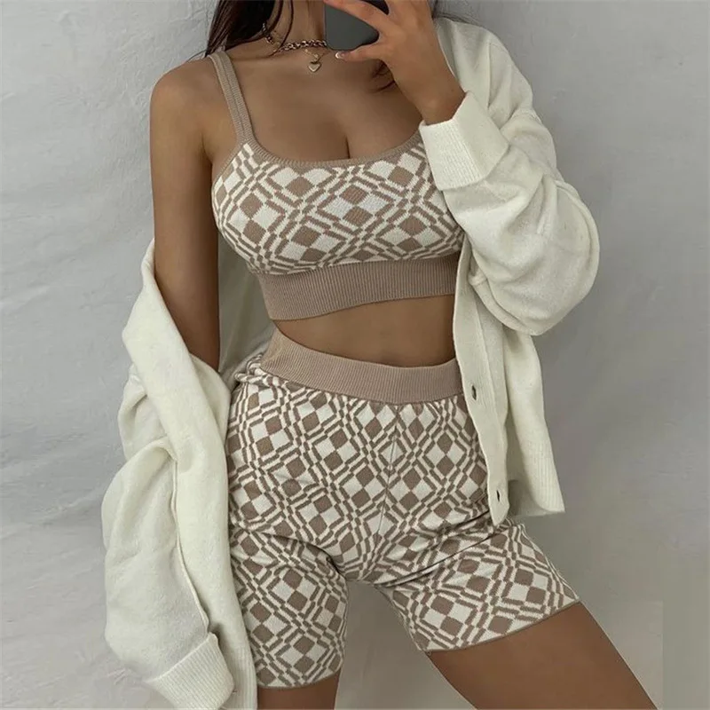 

Geometric Print Woolen Tight Shorts Vest Womens Suits Two Piece Suit for Women Donsignet