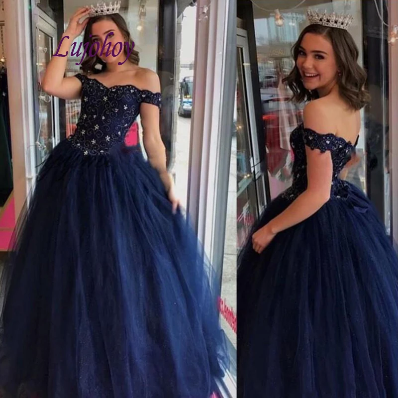 Темно-синее роскошное бальное платье Quinceanera женское Пышное Платье с кристаллами
