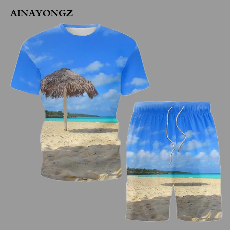 Summer Short Sleeve Suit Men Beachwear Casual Shorts Outfit Hawaii Beach Sea View 3D Printed Ordinary O-Neck T-Shirt 2 Piece Set