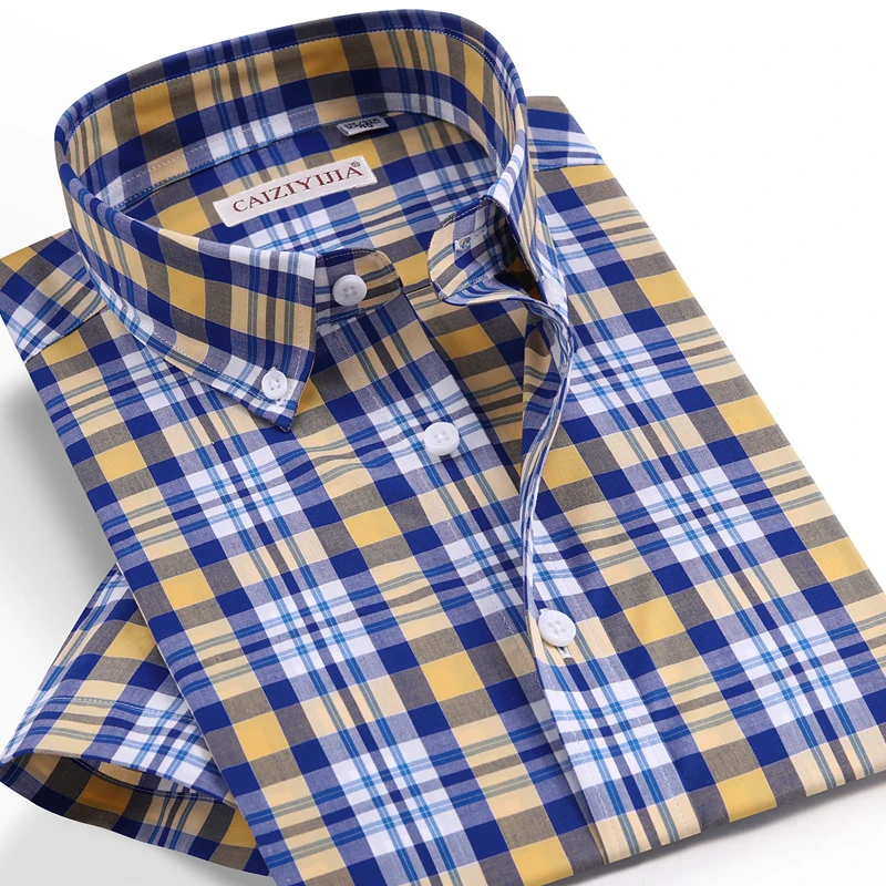 Men's Summer Casual Plaid Checkered Button-down Shirts Pocket-less Design Short Sleeve Standard-fit Stylish Gingham Cotton Shirt