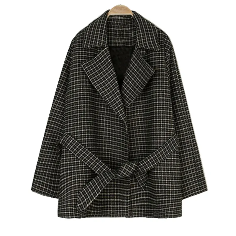 

Korean Style Plaid Turn-Down Collar Jacket Women 2021 Autumn Winter Ladies Tweed Vintage Casual Outerwear Coats With Belt
