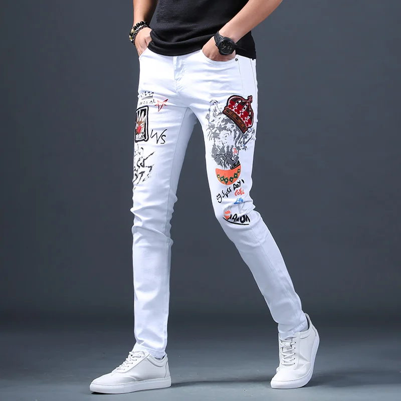 Men Embroidered Printed Jeans Fashion White Cotton Stretch Denim Streetwear Straight Slim Fit Pants