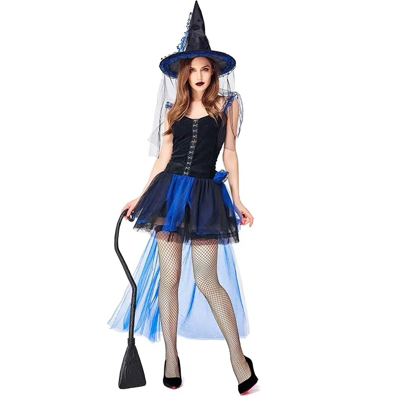 

Blue Lace Skirt Woman Sorceress Cosplay Female Halloween Gothic Witch Costumes Carnival Purim Parade Nightclub Bar Party Dress