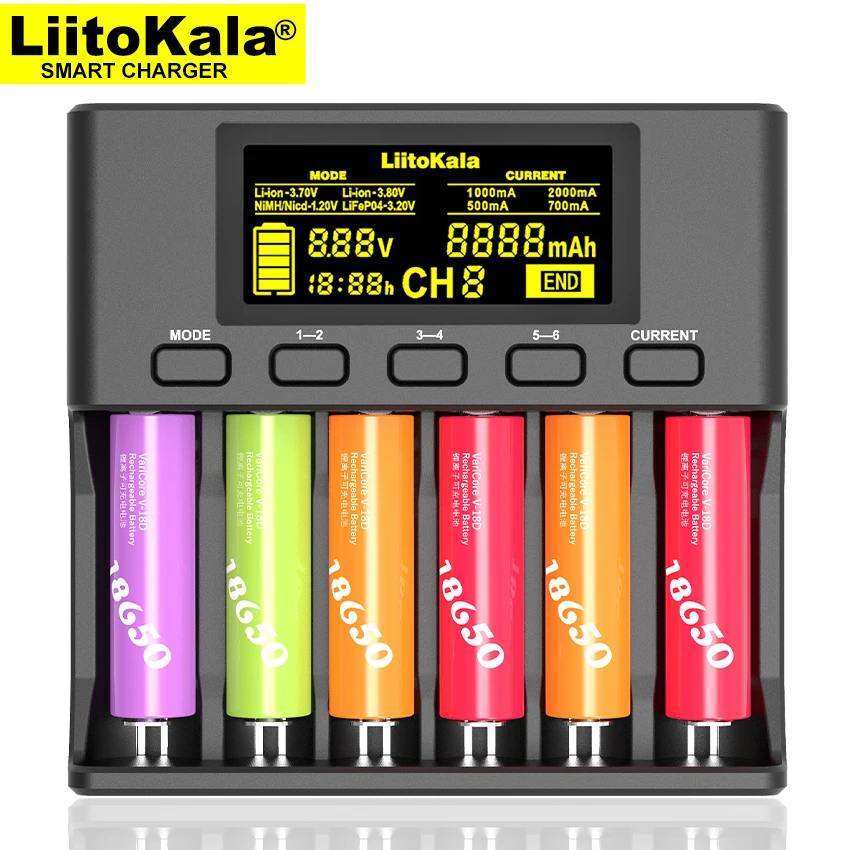 

LiitoKala Lii-S6 Smart Charger 6 Slots Auto-Polarity Detect For Li-ion 3.7V 18650 26650 21700 NiMH 1.2V AA AAA battery charging