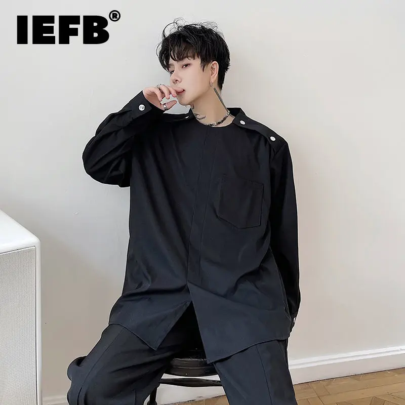 

Рубашка IEFB 9Y9181 мужская с круглым вырезом, шикарная блуза в корейском винтажном стиле, модная Свободная блуза с прострочкой и металлическими...