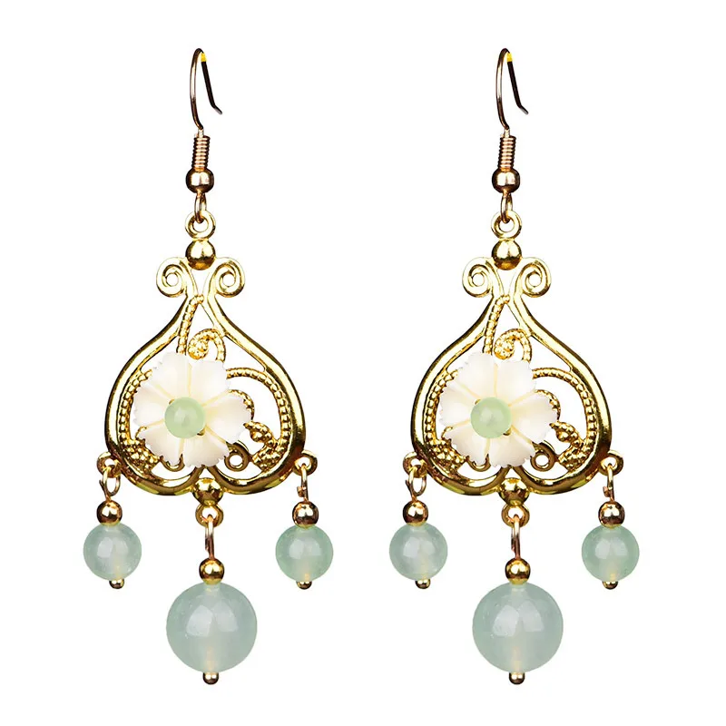 Серьги-подвески с нефритовыми цветами Амулет из халцедона и агата модный