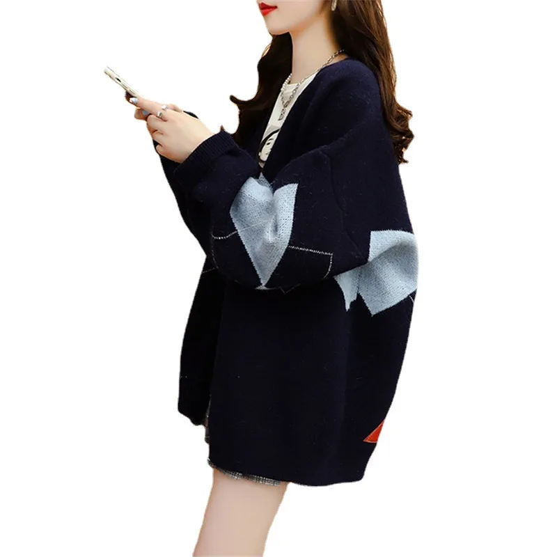 

Chinese Style Sweater Cardigan Women's Autumn Loose Lazy Style Contrast Color Knitted Coat High Street V-neck Printed Cardigan