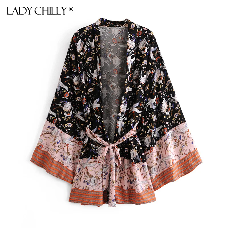 

Lady Chilly Boho Vintage Black Floral Print Short Robes Casual Beach Cover Ups Blusas Belt Gypsy Style Hippie Curve Women Kimono