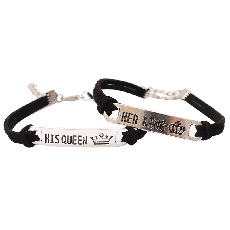 2pcs/Set Fashion Silver Letter KING QUEEN Couple Bracelet For Women Men Chain Party Simple Jewelry Charm D12 | Украшения и