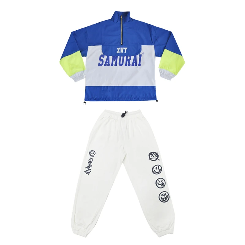 

2021 Hip-Hop Dance Costumes For Kids Blue Jacket Loose Pants Children'S Jazz Modern Dance Clothes Performance Costumes DN7707