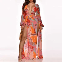 women elegant fashion party dress female vacation long sleeve plunge floral print high slit maxi dress