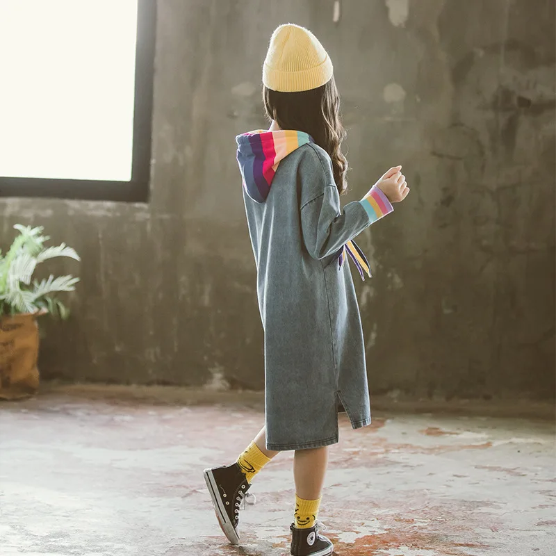 

Causal Blue Black Mid-Length Spring Warm Hooded Sweater Girls Kids Cowboy Toddler Teens Tops Thicken Children High Quality