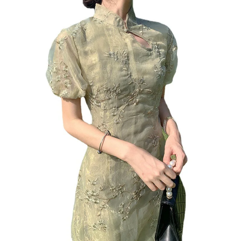 

Stand-up collar mini dress women short sleeve sweet floral embroidered dress elegant dress summer