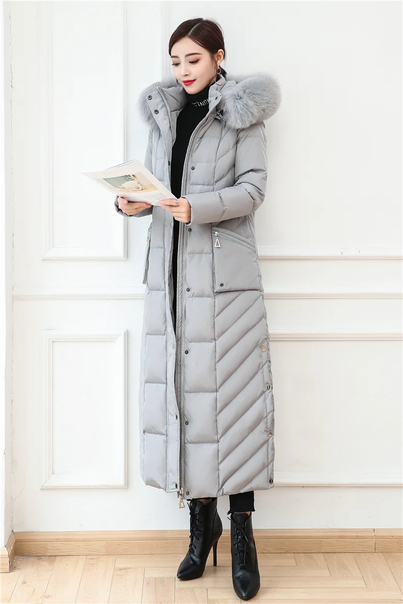 S- 4XL plus size Winter over the knee X-long 90% Duck down coat female X-Long thick warm Down Jacket real fox fur Parkas F442