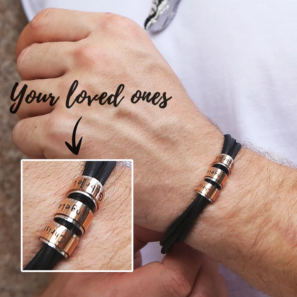 Personalized Mens Braided Genuine Leather Bracelet Stainless Steel Custom Beads Name Charm Bracelet For Men With Family Names