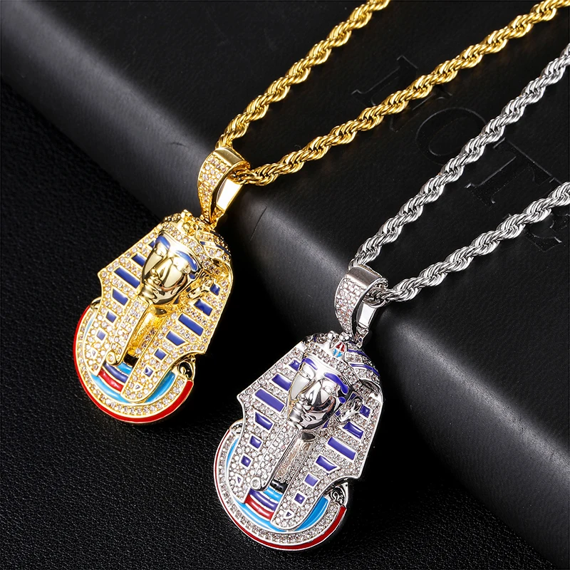 

Hip Hop Iced Out Bling Cubic Zirconia Egyptian Pharaoh Necklaces & Pendants For Men Rapper Jewelry With Solid Back