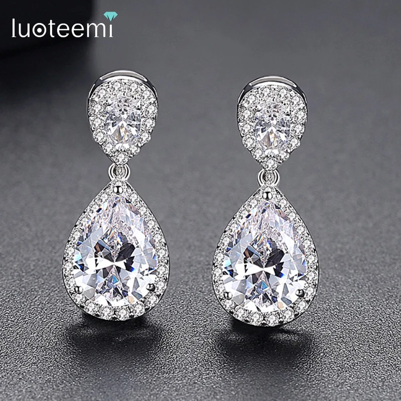 LUOTEEMI элегантные длинные серьги в форме капли воды из фианита с кристаллами для