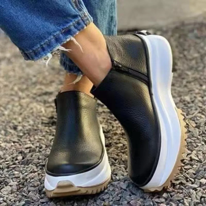 

Plus Size New Winter Wedges Women Boots Comfortable Ankle Boots Shoes Round Toe 4cm Heel Lace Up and Zip Thicken Botas De Mujer