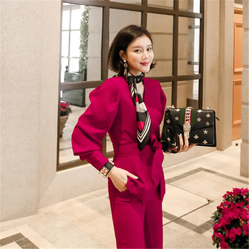 Fashion New Arrival Elegant Loose Red Sexy Jacket Long Pant 2 Pieces Set High Quality Work Style Autumn Office Women | Женская одежда