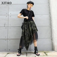 xitao pleated leopard lace midi skirt women irregular print 2019 pole wild joker summer punk style korea fashion new xj1689