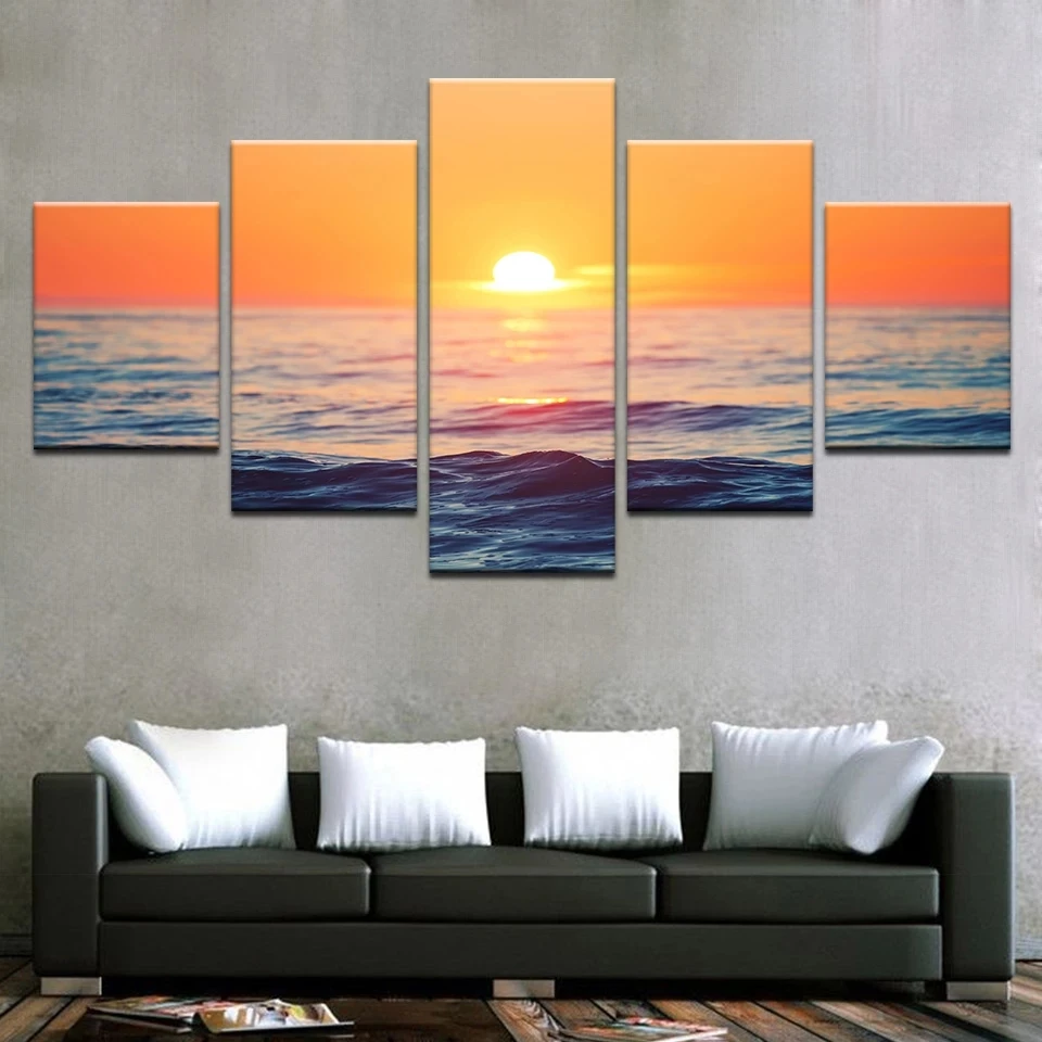 

Canvas Painting Wall Art Home Decor Frame 5 Pieces Sunset Beach Sea Waves Posters Sunrise Seascape HD Print Pictures Living Room