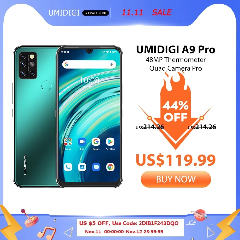 UMIDIGI A9 Pro 6GB 128GB In Stock 6.3" FHD+ SmartPhone Global Version Unlocked 48MP Quad Camera 24MP Selfie Helio P60 Cell Phone