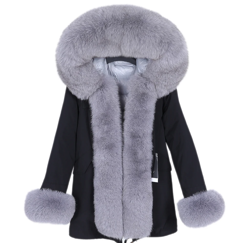 MAOMAOKONG Natural real fox fur with cuff fur Women's Jacket Thick Parka Coat Natural Real Fox Fur Collar Removable lining