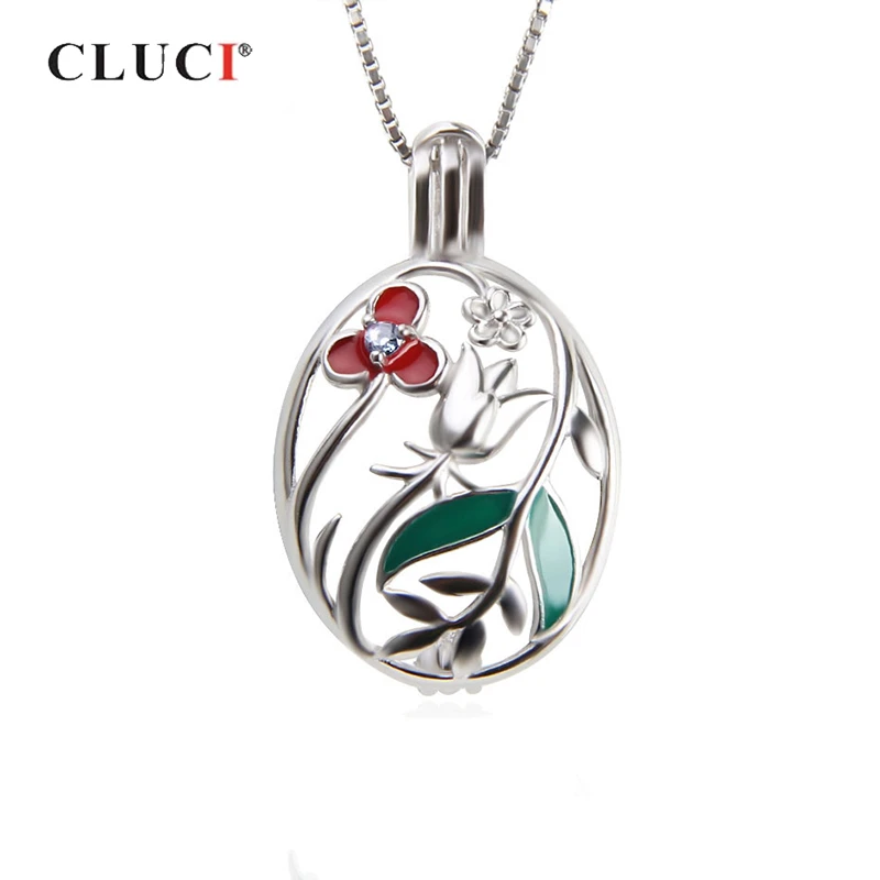 

CLUCI 925 Sterling Silver Cage Pendant Beautiful Flower Oval Pendant Women Zircon Gemstone Pendant Wish Pearl Locket SC329SB