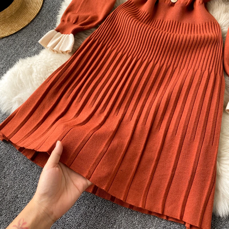 

Foamlina Japan Style Cute Knit Dress Women Autumn Winter 2020 New Sweet Lady Peter pan collar Long Sleeve Elegant Pleated Dress